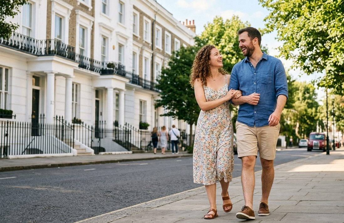Smiling couple walking along a sunny London street