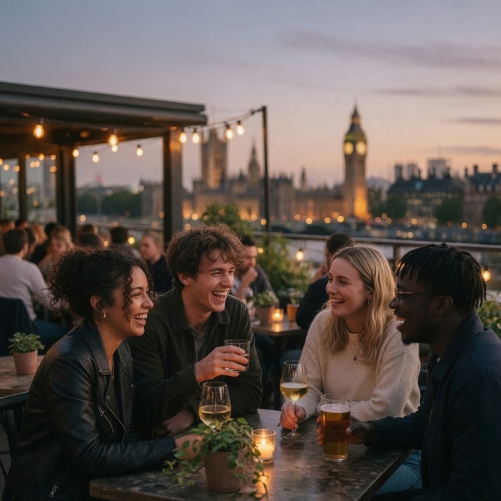 Friends socialising in London